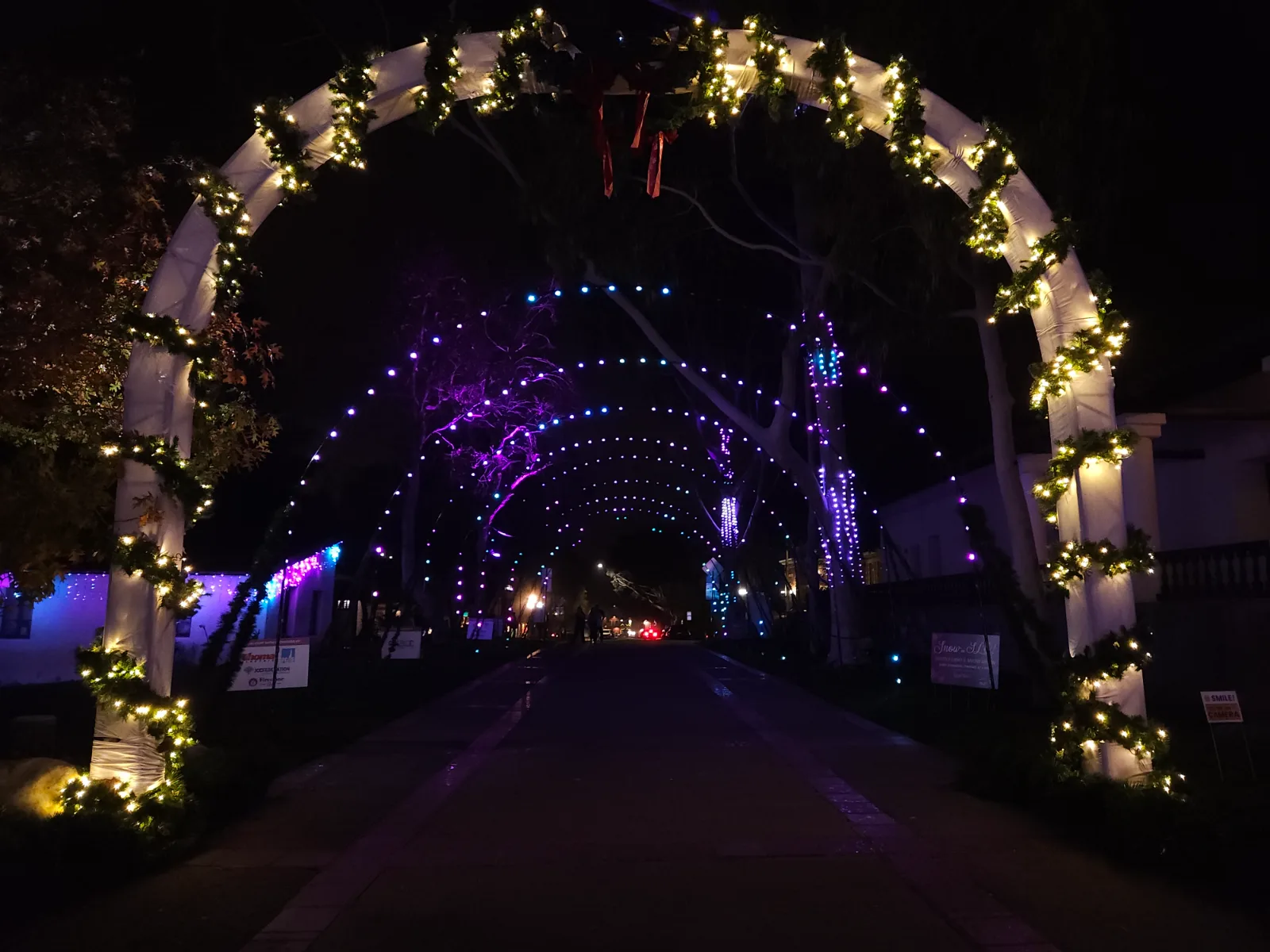 Lit arches over the Mission Plaza walkway